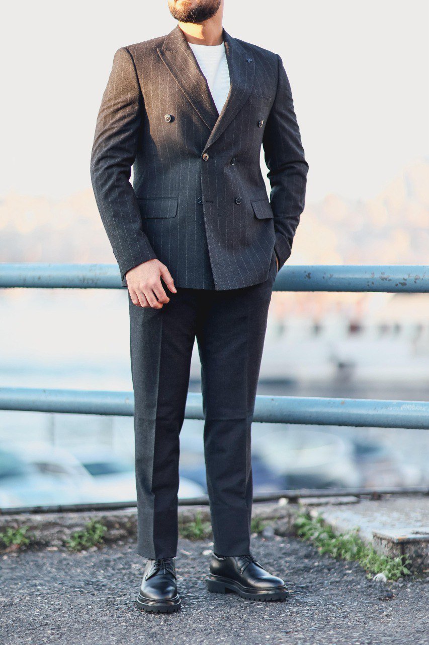 Men’s Navy Blue Slim Fit Double - Breasted Pinstripe Suit - SUITHARBOR