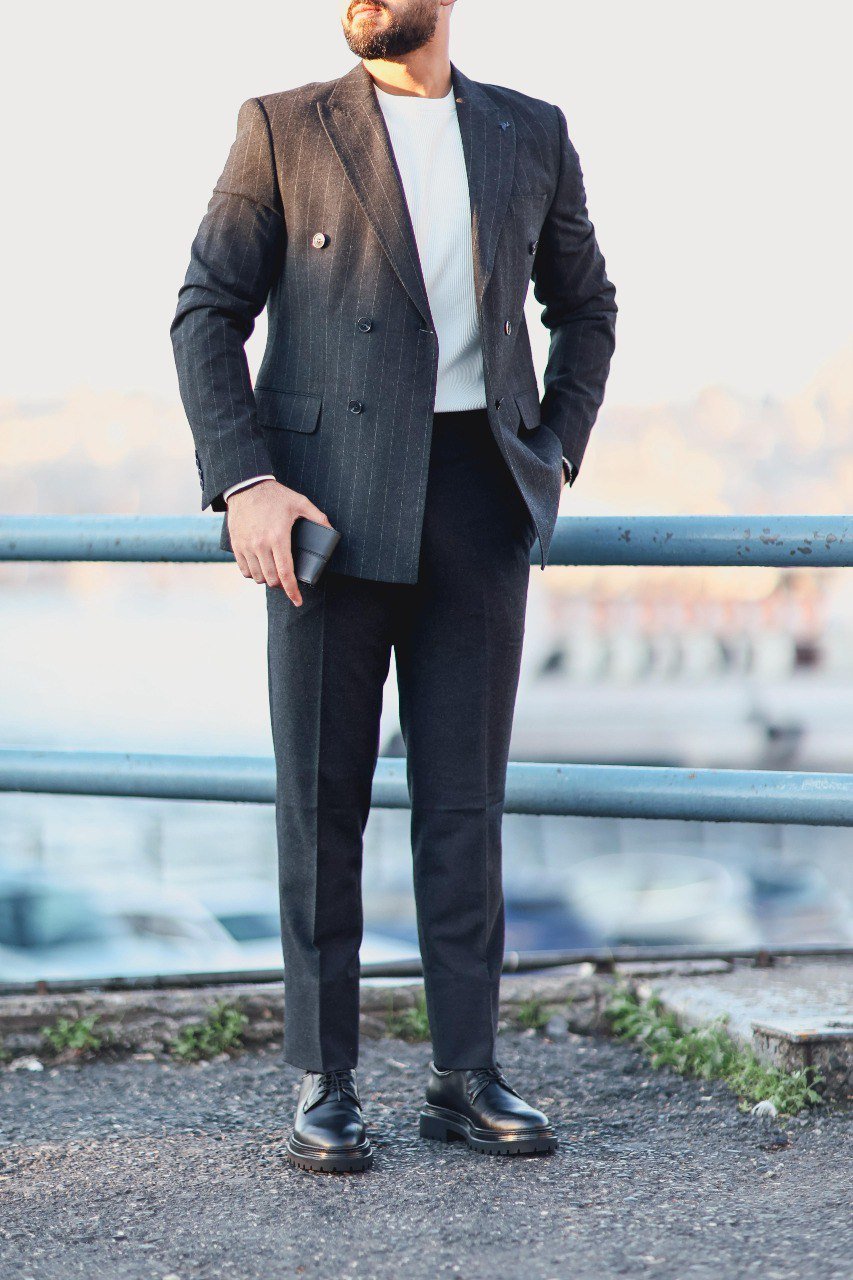 Men’s Navy Blue Slim Fit Double - Breasted Pinstripe Suit - SUITHARBOR