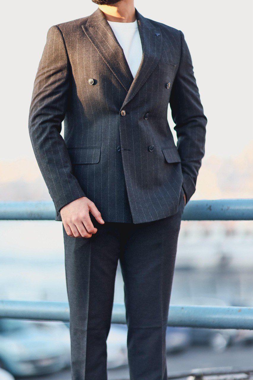 Men’s Navy Blue Slim Fit Double - Breasted Pinstripe Suit - SUITHARBOR