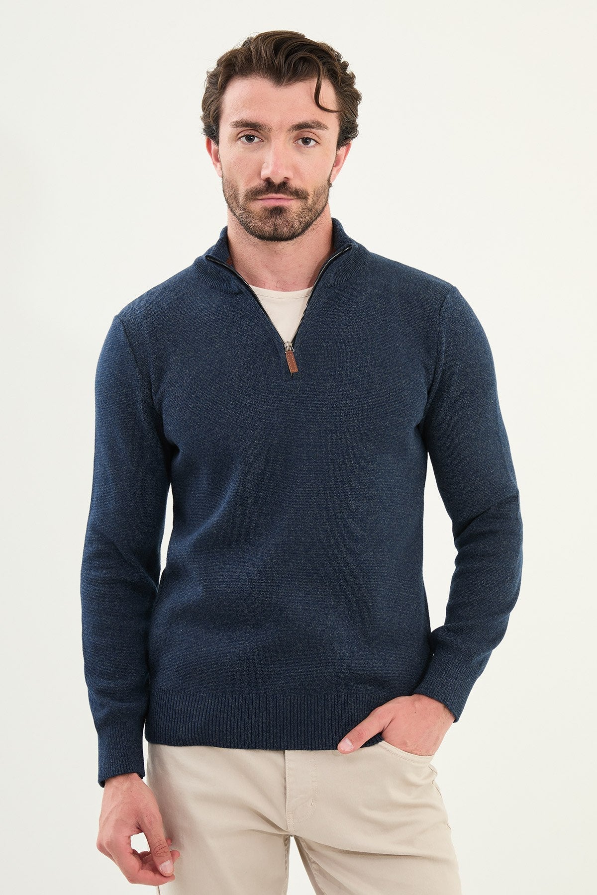 Men’s Navy Blue Slim Fit Half - Zip Knitwear Sweater - SUITHARBOR
