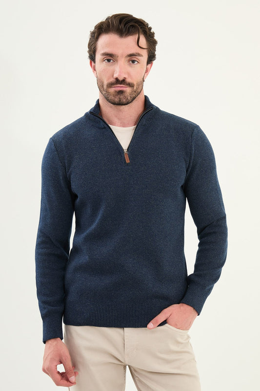 Men’s Navy Blue Slim Fit Half - Zip Knitwear Sweater - SUITHARBOR