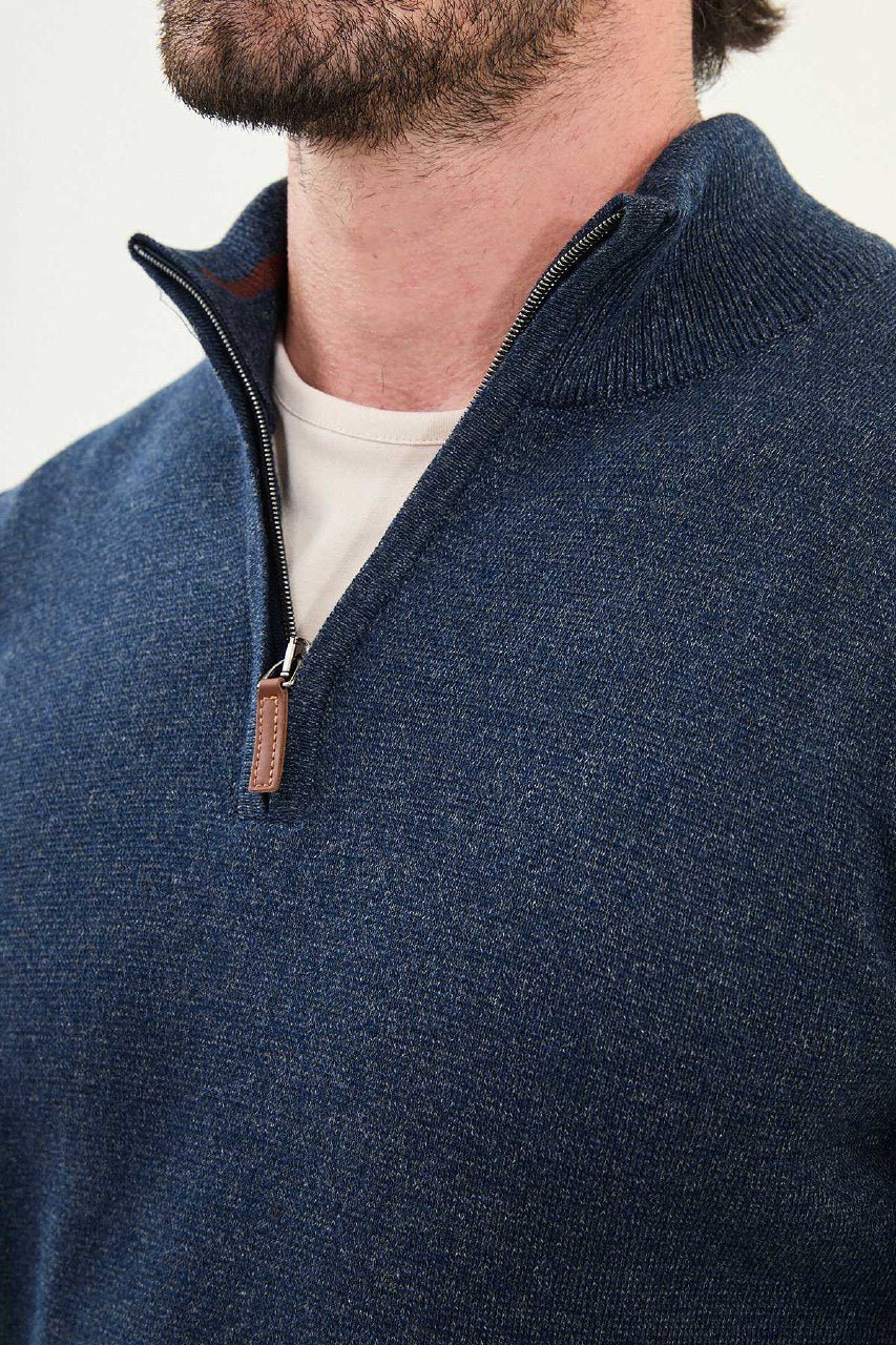 Men’s Navy Blue Slim Fit Half - Zip Knitwear Sweater - SUITHARBOR