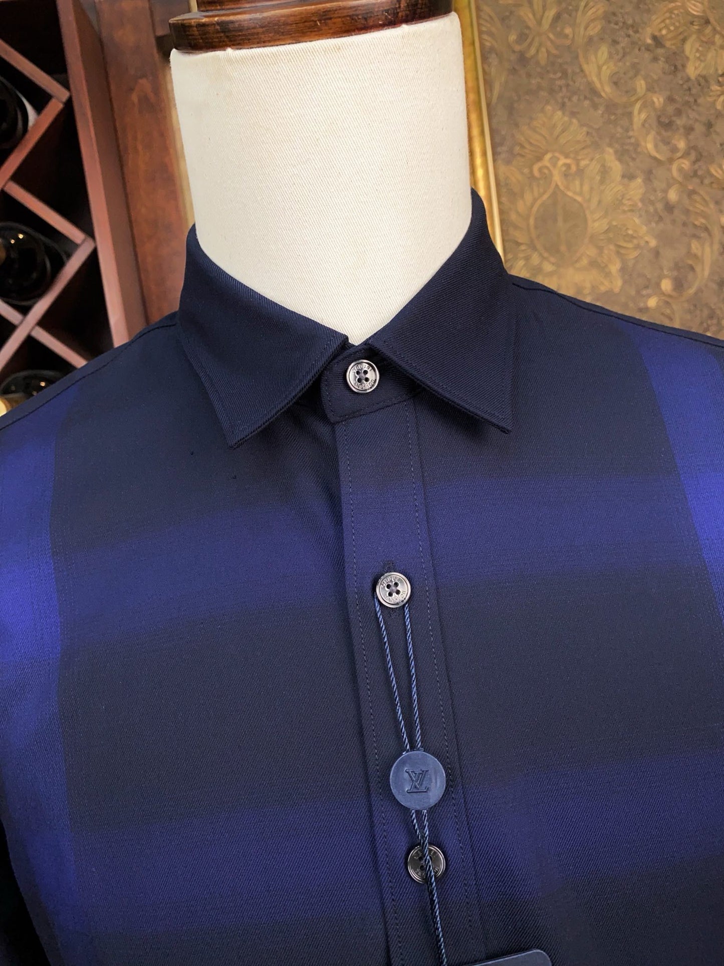 Men’s Navy Blue Striped Dress Shirt - SUITHARBOR