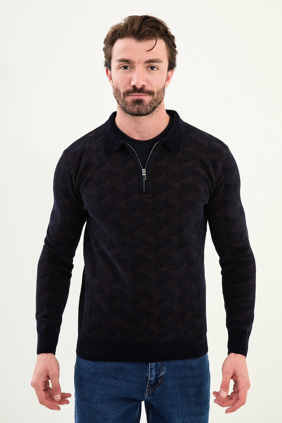 Men’s Navy Blue Textured Half - Zip Knitwear Sweater - SUITHARBOR