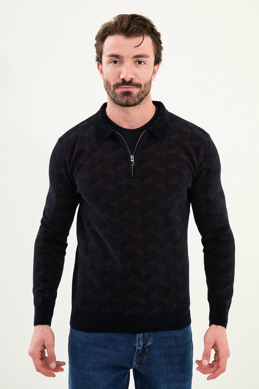 Men’s Navy Blue Textured Half - Zip Knitwear Sweater - SUITHARBOR