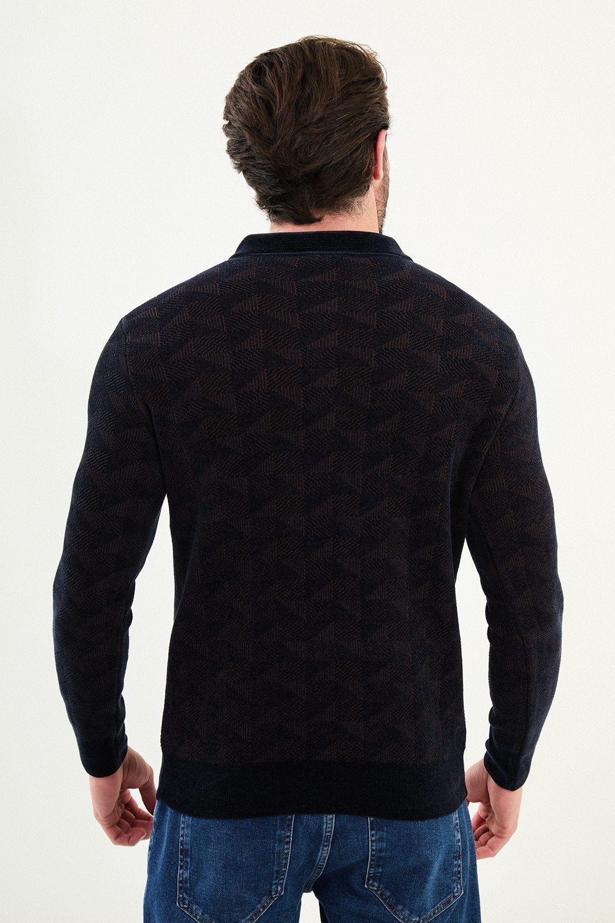 Men’s Navy Blue Textured Half - Zip Knitwear Sweater - SUITHARBOR