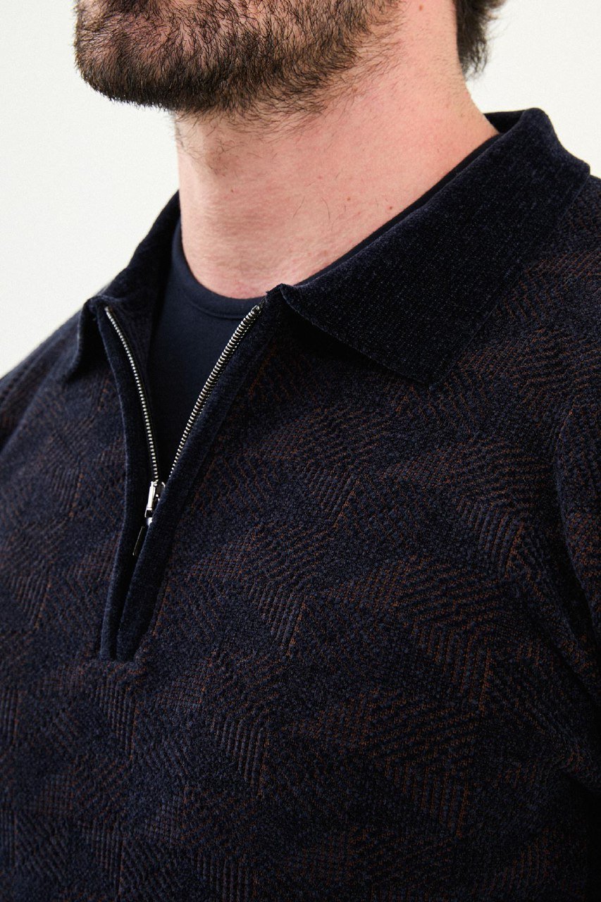 Men’s Navy Blue Textured Half - Zip Knitwear Sweater - SUITHARBOR