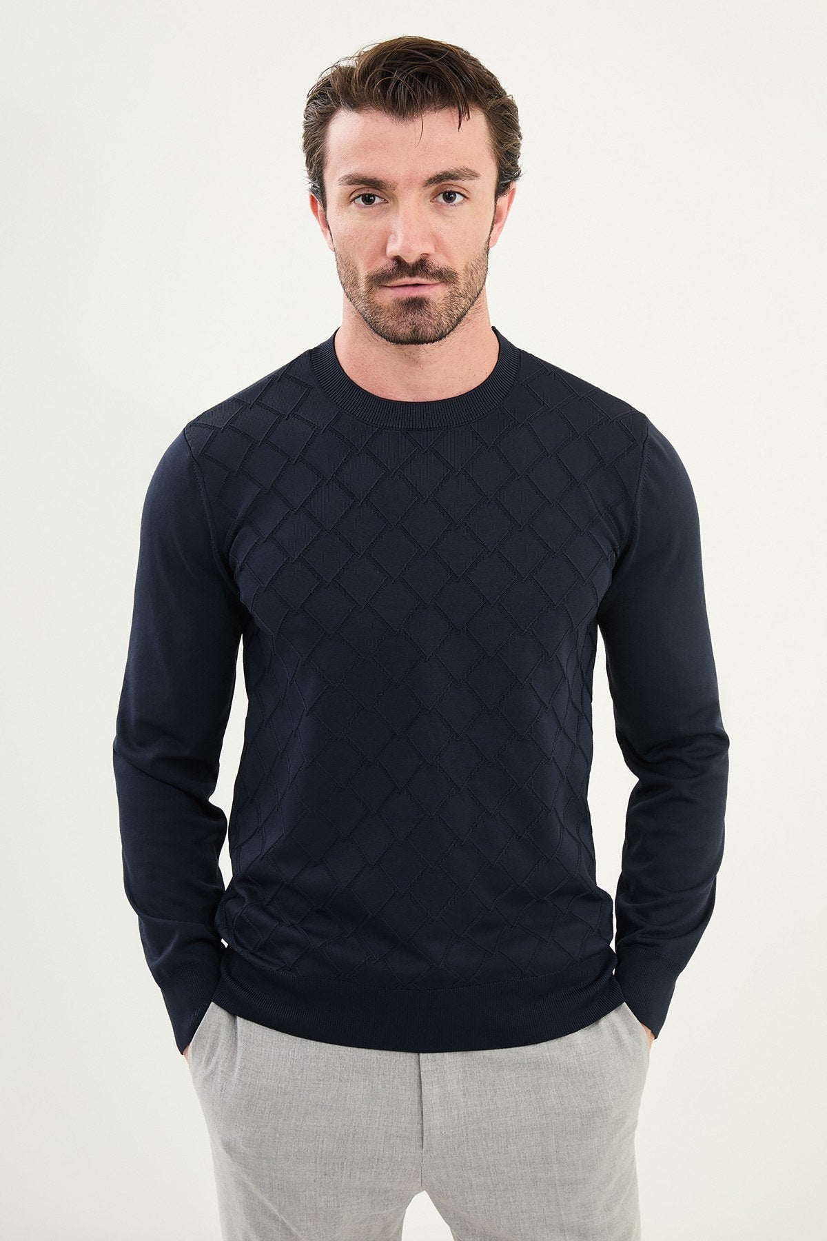 Men’s Navy Blue Textured Knit Sweater - SUITHARBOR