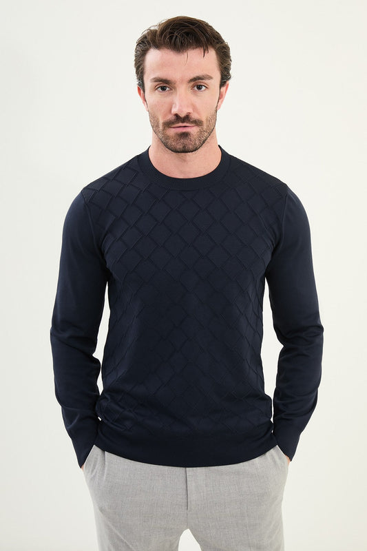 Men’s Navy Blue Textured Knit Sweater - SUITHARBOR
