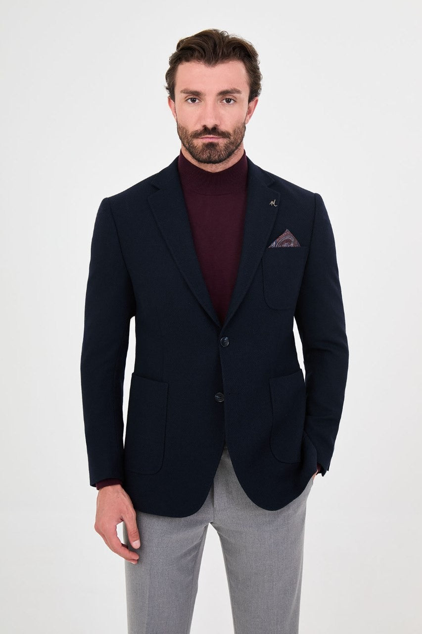 Men’s navy blue single-breasted blazer, alternate front view
