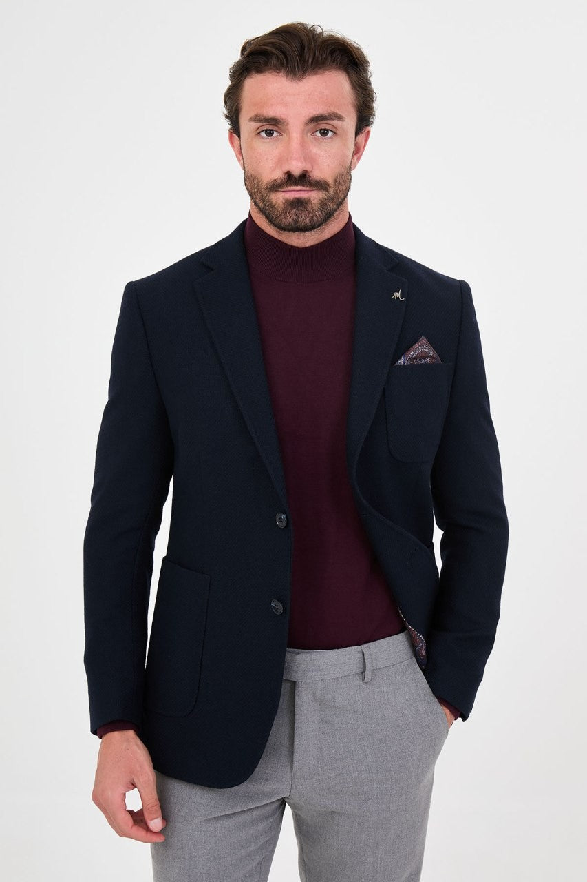 Men’s navy blue blazer, front view