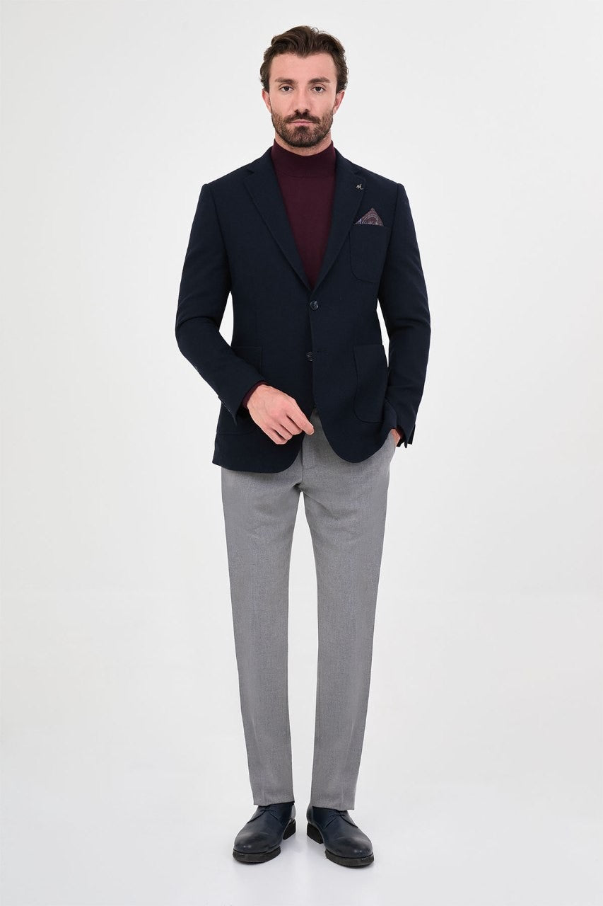 Men’s navy blue blazer, full-length outfit view