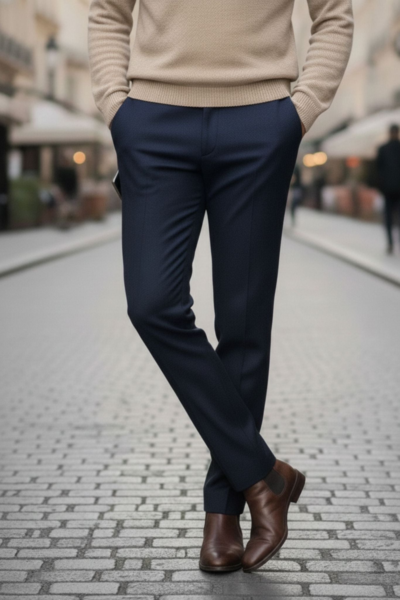 Men's Navy Blue Wool Blend Dress Trousers - SUITHARBOR