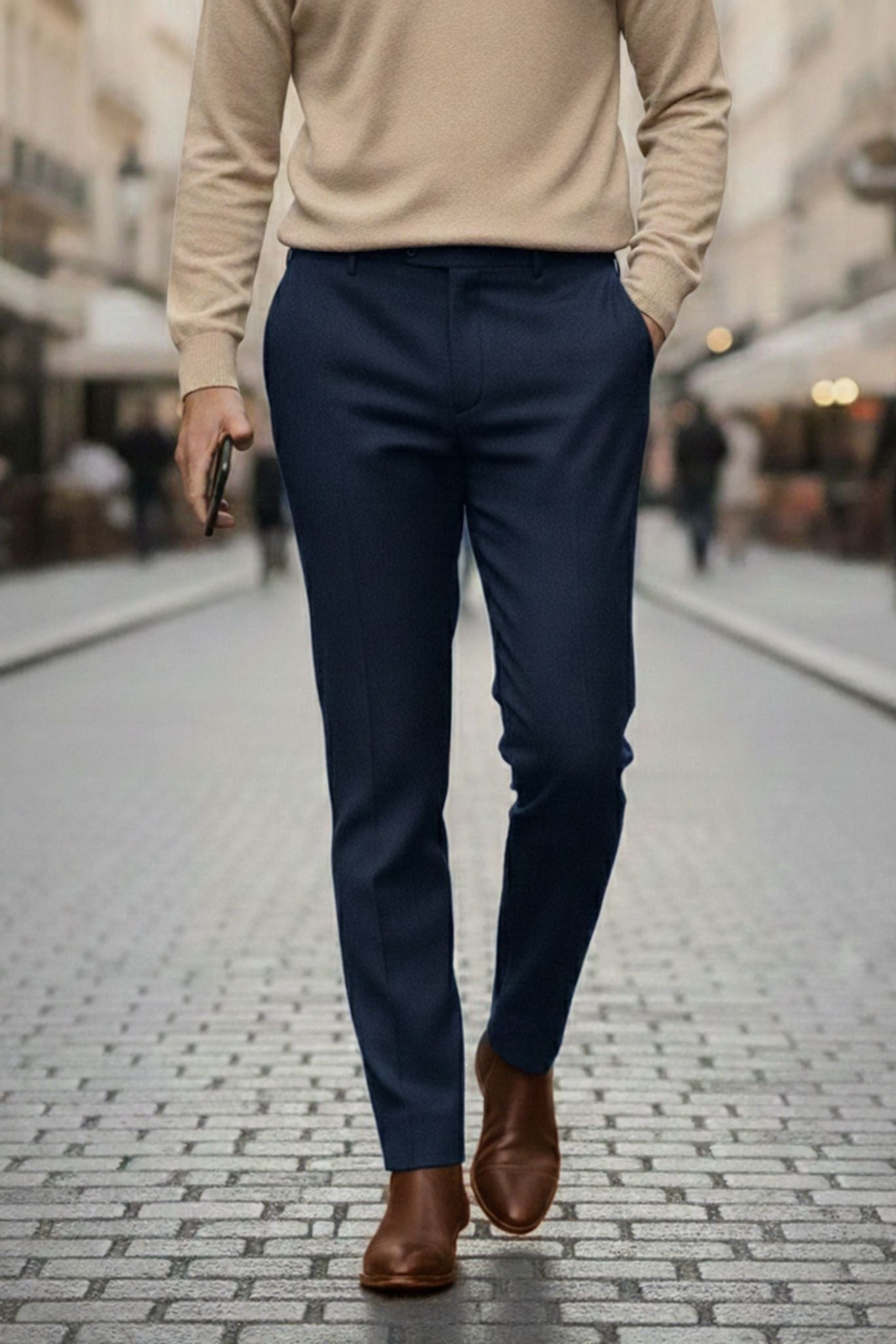 Men's Navy Blue Wool Blend Dress Trousers - SUITHARBOR