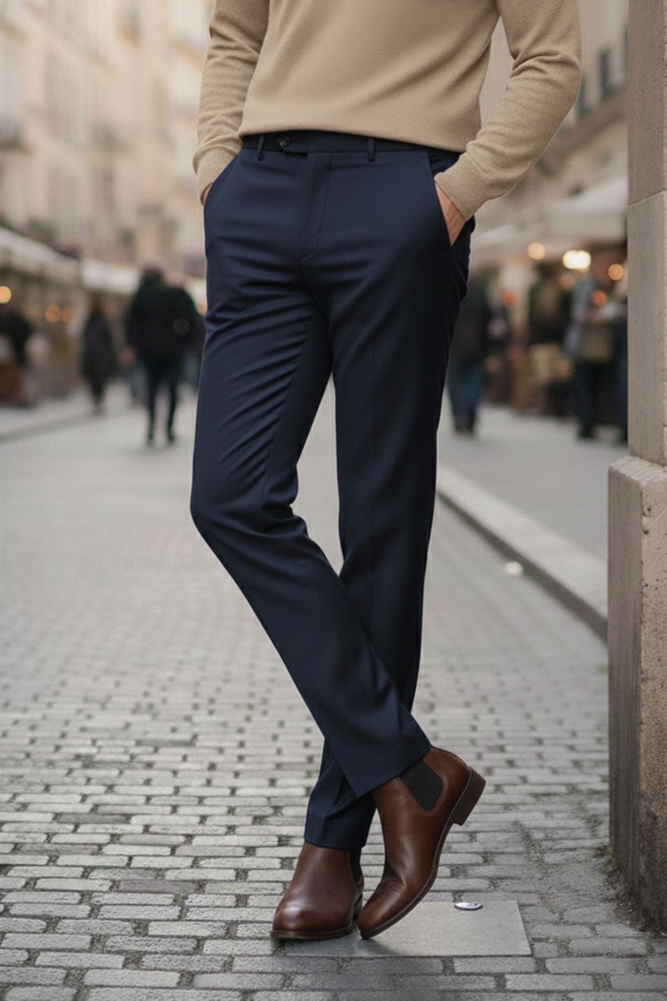 Men's Navy Blue Wool Blend Dress Trousers - SUITHARBOR