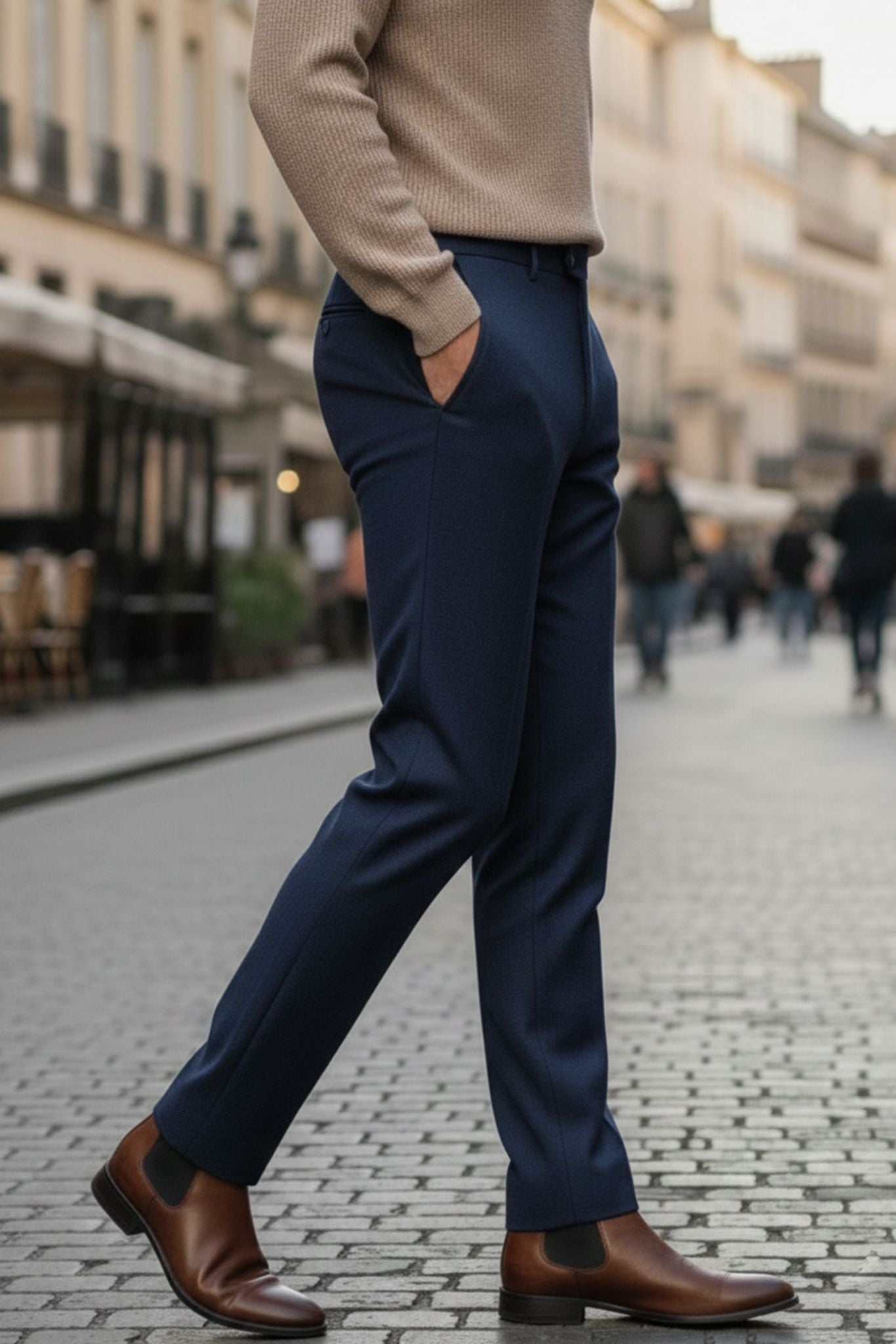 Men's Navy Blue Wool Blend Dress Trousers - SUITHARBOR