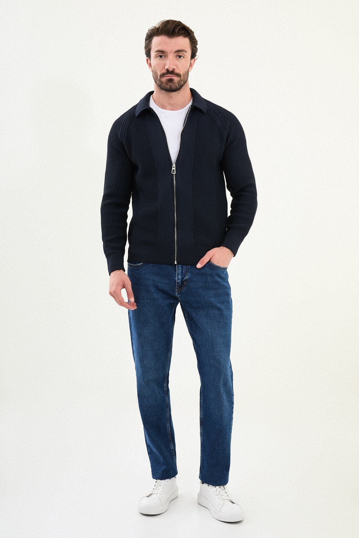 Men’s Navy Blue Zip - Up Slim Fit Knitwear Cardigan Sweater - SUITHARBOR