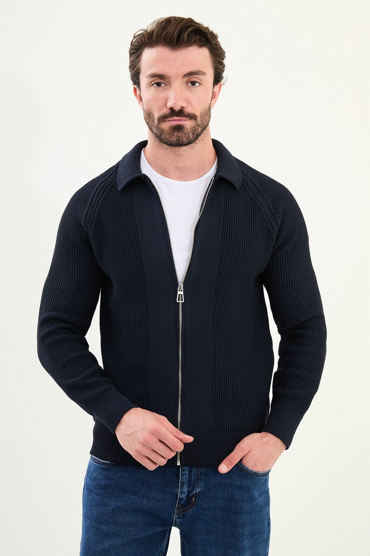 Men’s Navy Blue Zip - Up Slim Fit Knitwear Cardigan Sweater - SUITHARBOR