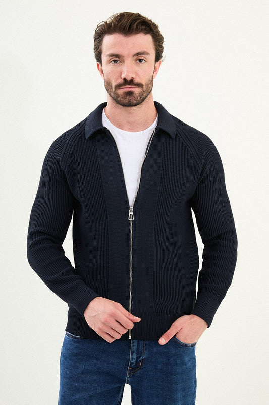 Men’s Navy Blue Zip - Up Slim Fit Knitwear Cardigan Sweater - SUITHARBOR