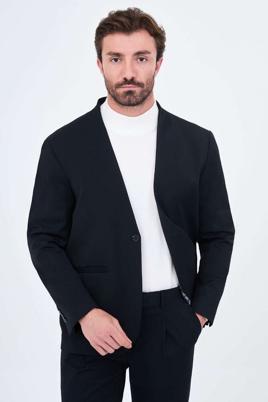Men's navy blue collarless one-button two-piece suit front styling