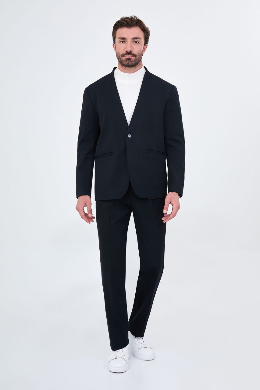 Men's navy blue collarless one-button two-piece suit full-length front