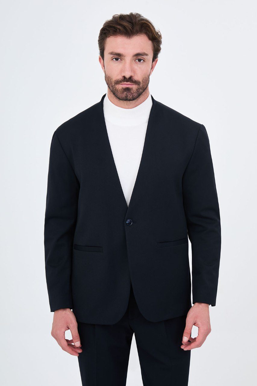Men's navy blue collarless one-button two-piece suit close front view