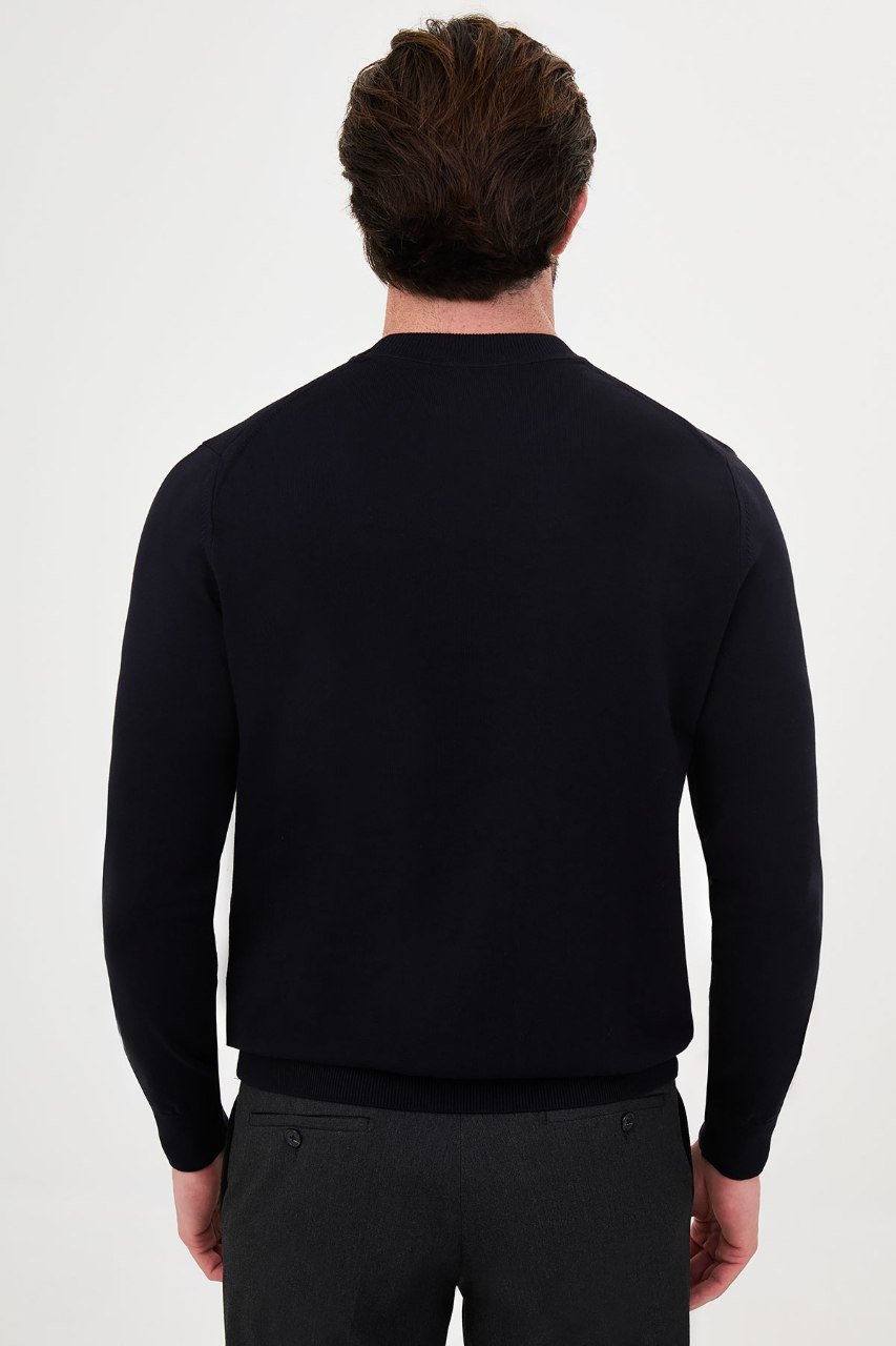 Back view of the men's navy crew neck sweater