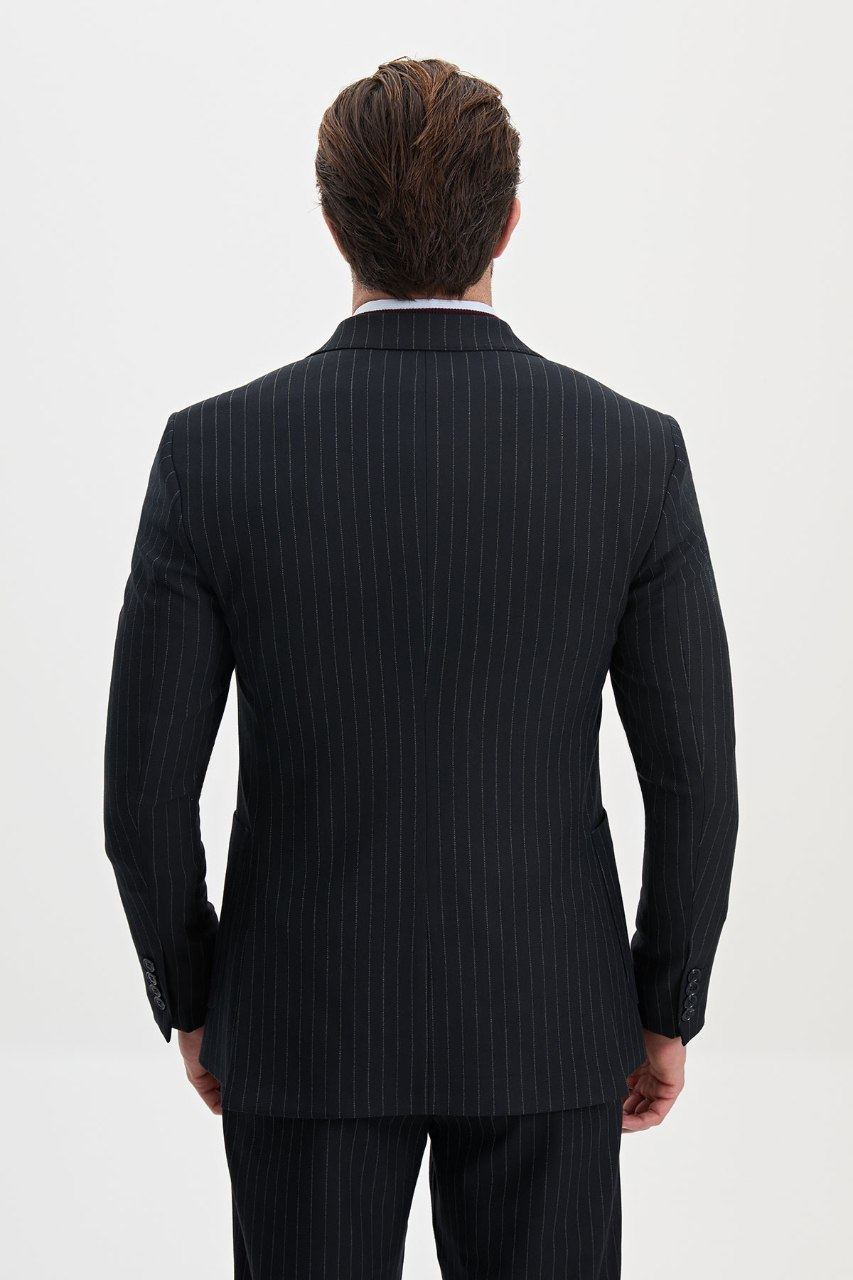 Men's dark navy pinstripe blazer, back view