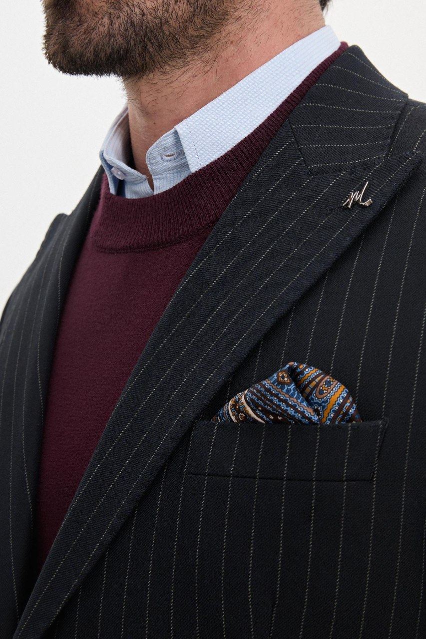 Men's dark navy pinstripe blazer, detail view