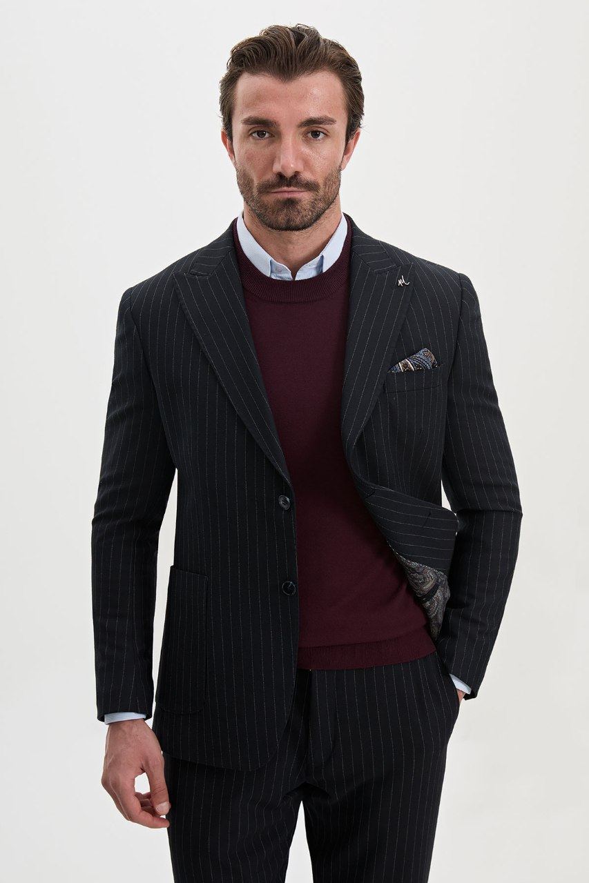 Men's dark navy pinstripe blazer, front view