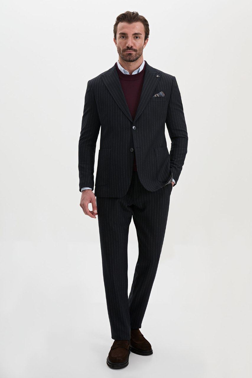Men's dark navy pinstripe blazer, full view