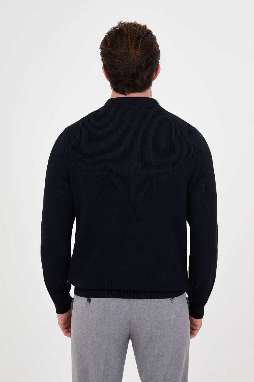 Back view of the men's navy ribbed quarter-zip polo sweater