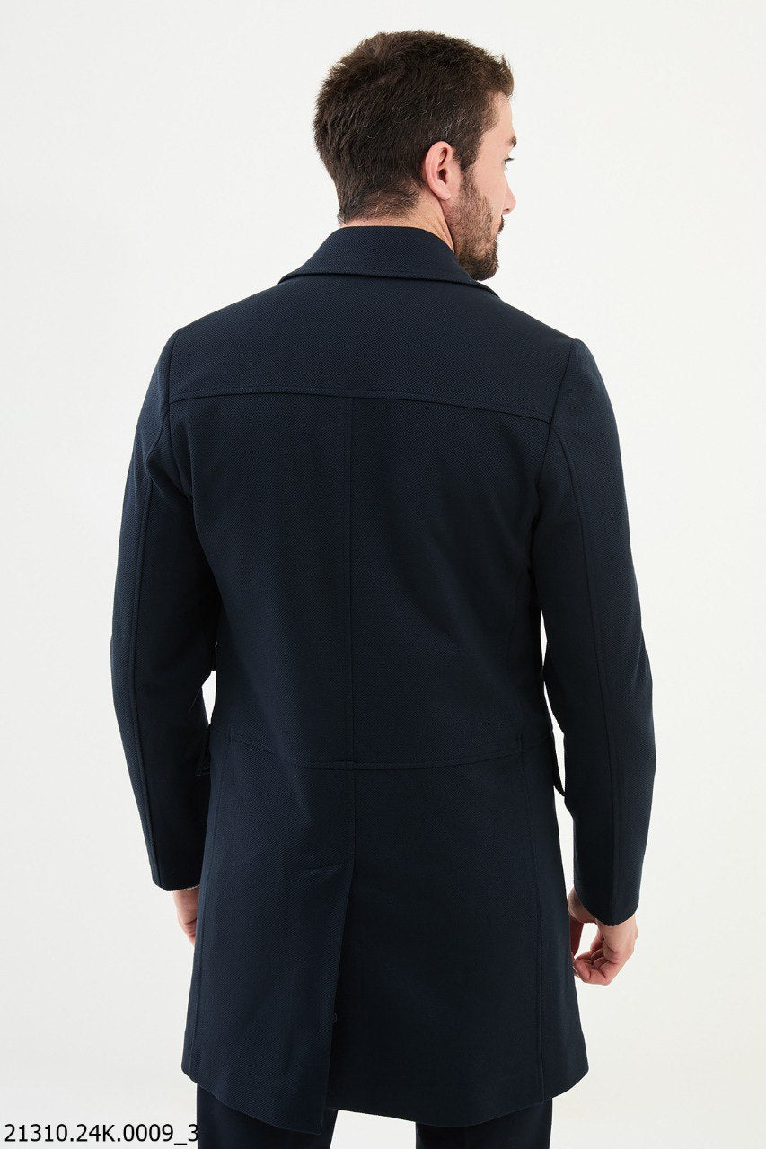 Men's Navy Textured Coat with Zipper Details - SUITHARBOR