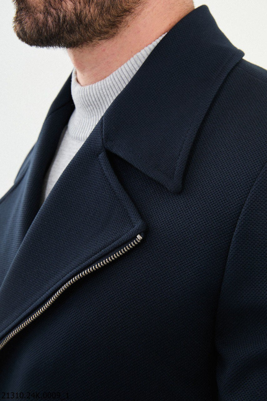 Men's Navy Textured Coat with Zipper Details - SUITHARBOR