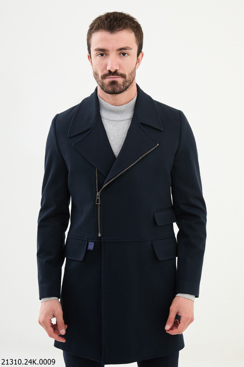 Men's Navy Textured Coat with Zipper Details - SUITHARBOR
