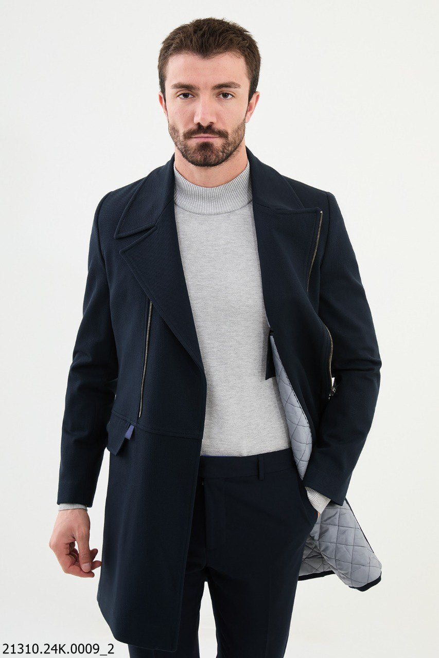 Men's Navy Textured Coat with Zipper Details - SUITHARBOR