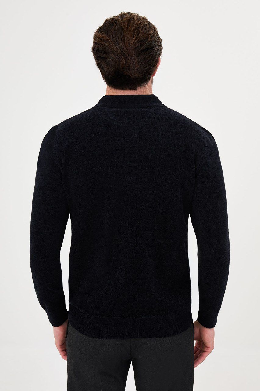 Back view of the men's navy textured quarter-zip polo sweater