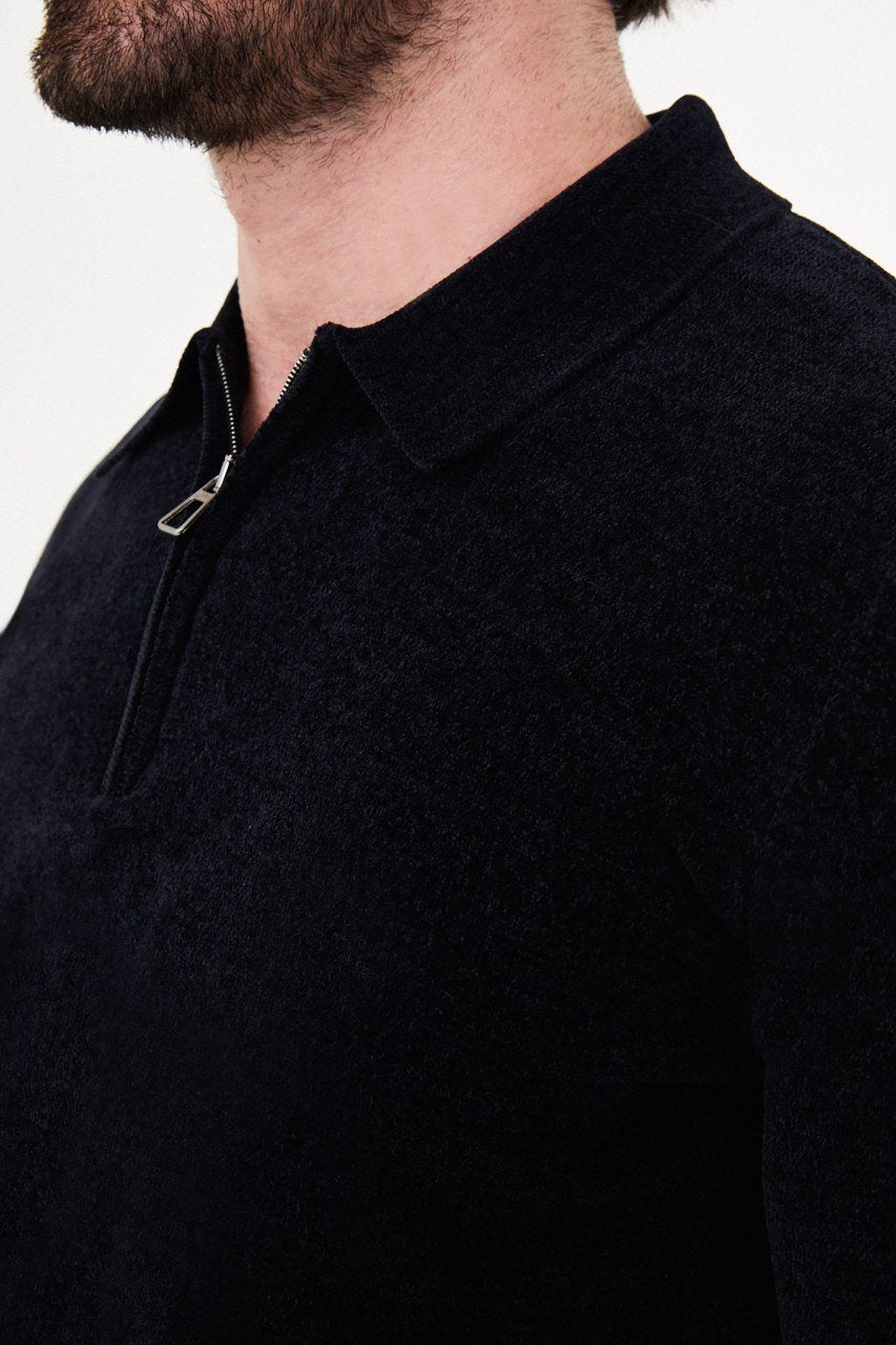 Close-up of the navy sweater's textured knit, polo collar and quarter-zip fastening