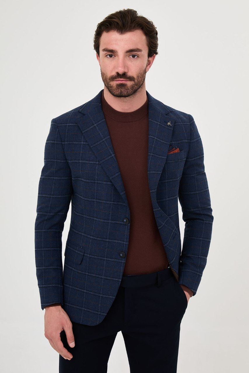 Men's navy windowpane blazer, front view