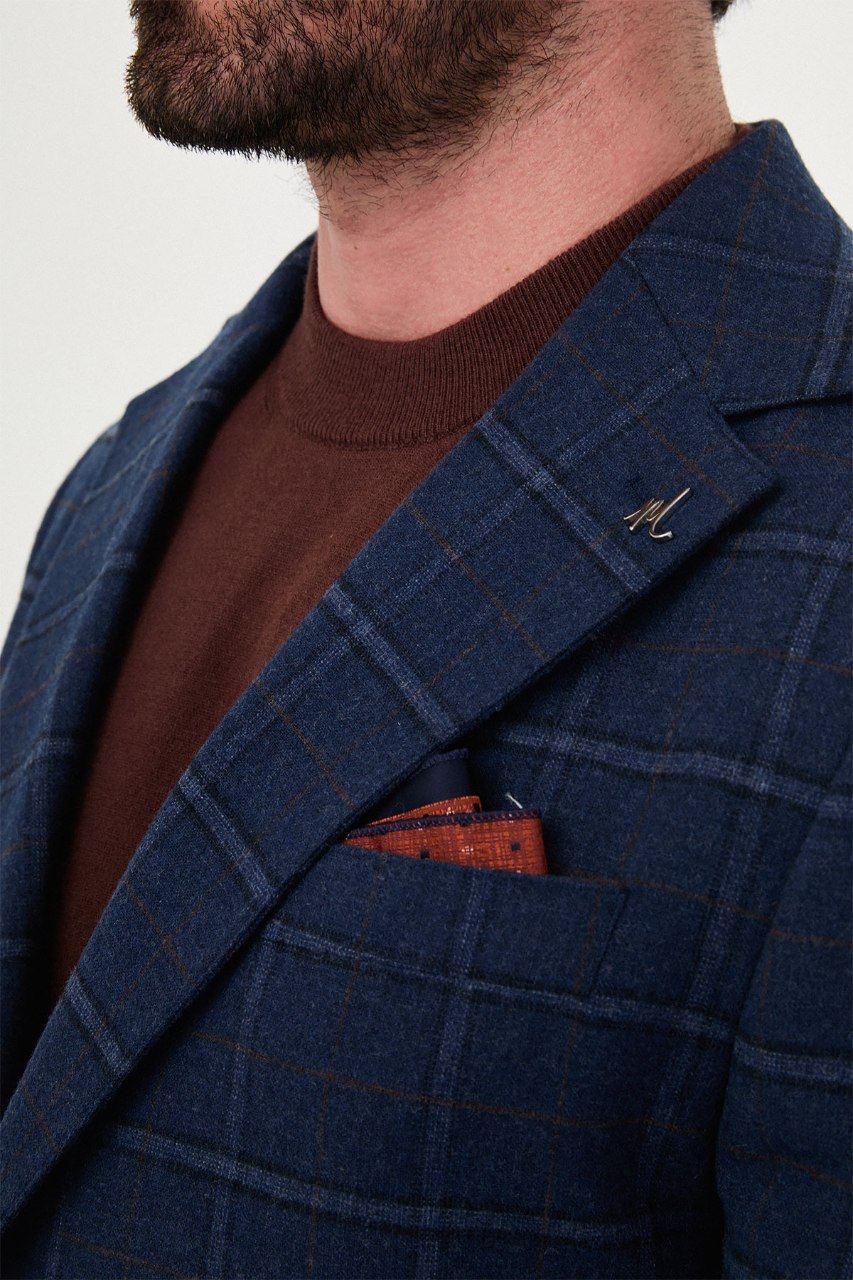 Men's navy windowpane blazer, lapel detail