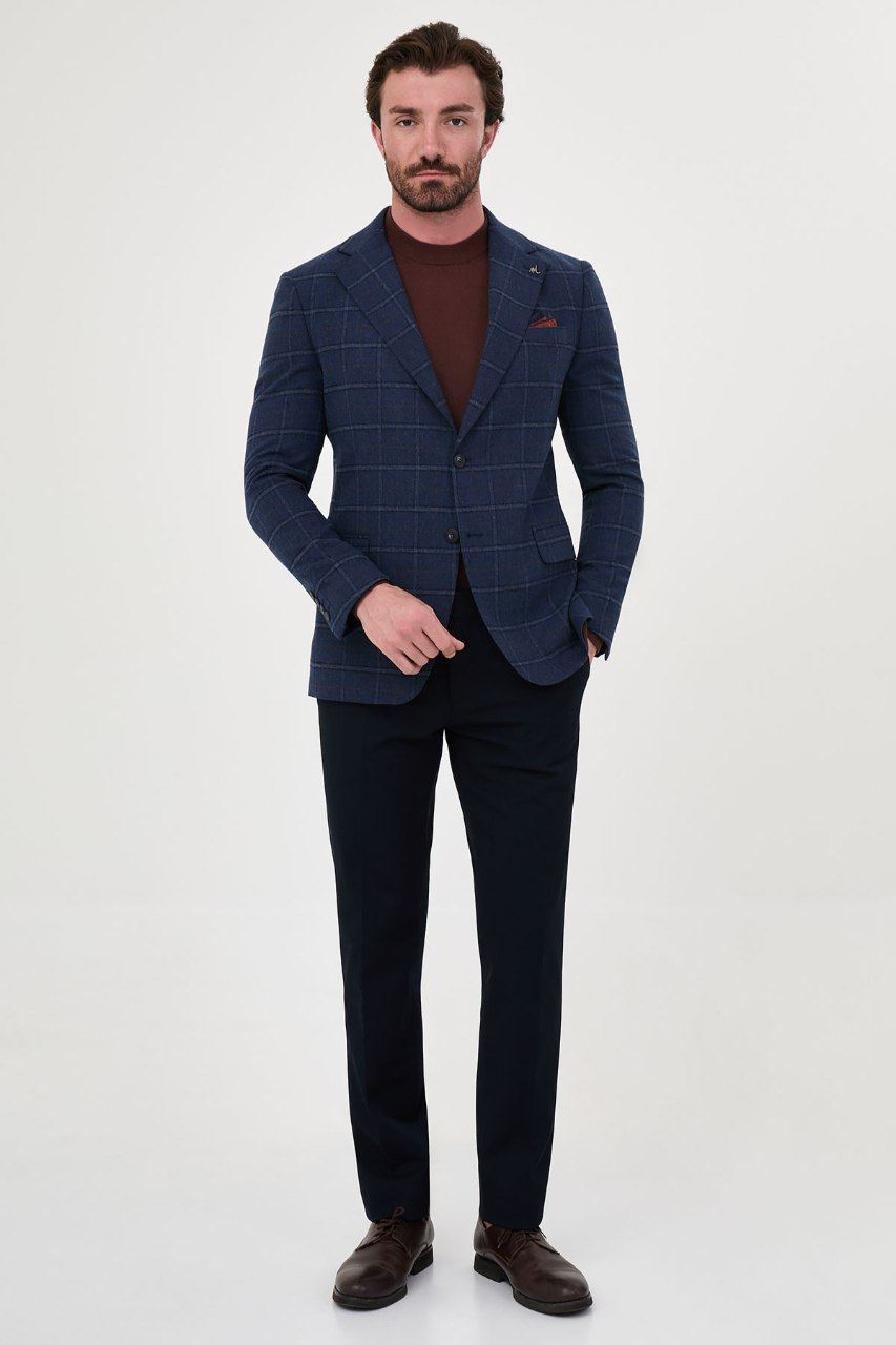 Men's navy windowpane blazer, full-length view