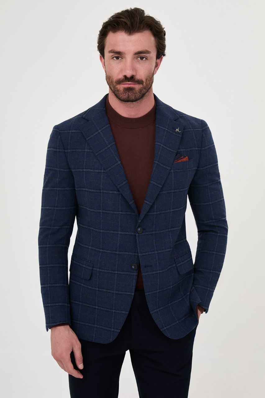 Men's navy windowpane blazer, rear view