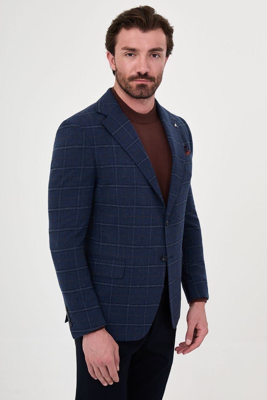Men's navy windowpane blazer, front portrait