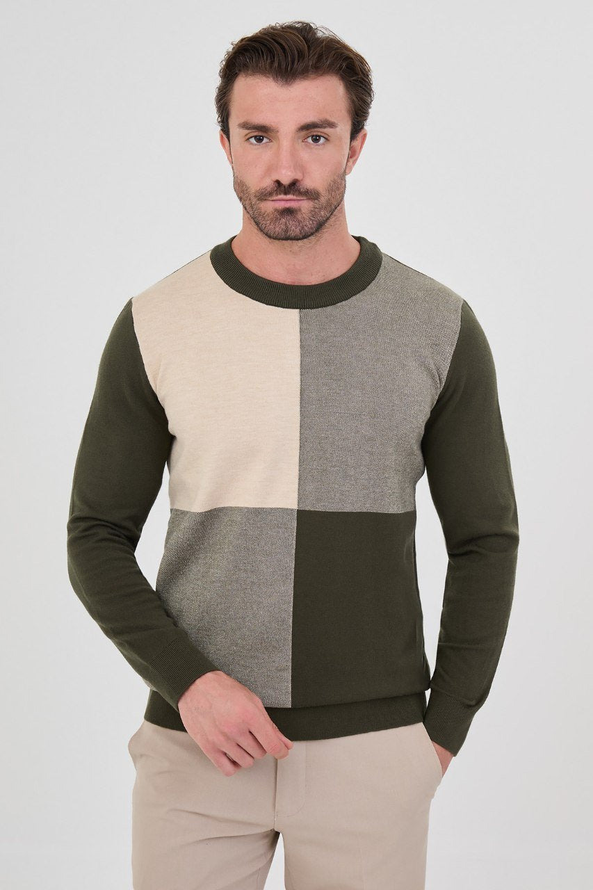 Front view of a man wearing a olive green colour-block crew neck sweater
