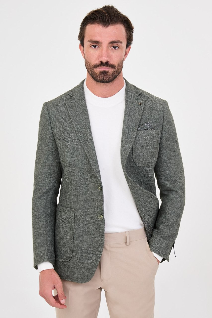 Men’s olive green blazer, front view