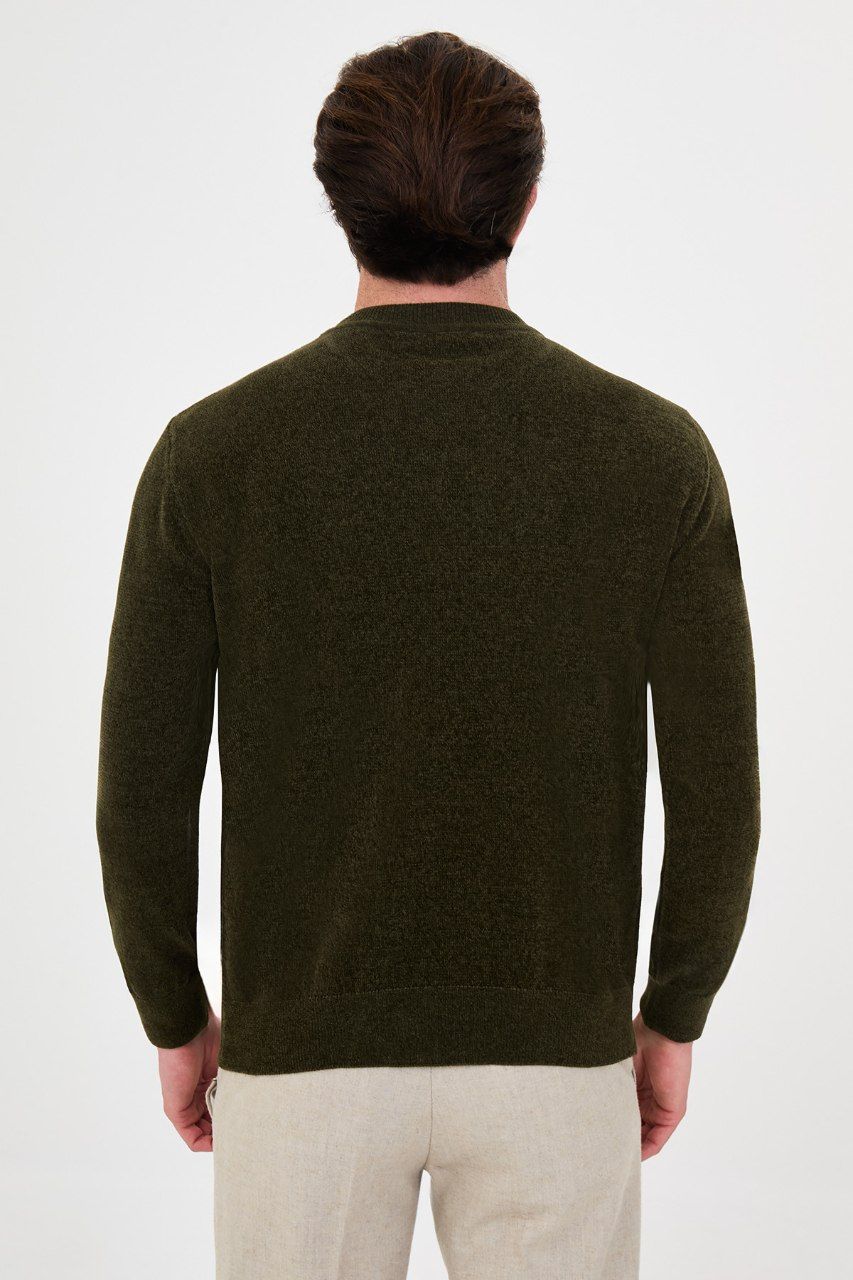 Back view of the men's olive textured crew-neck sweater