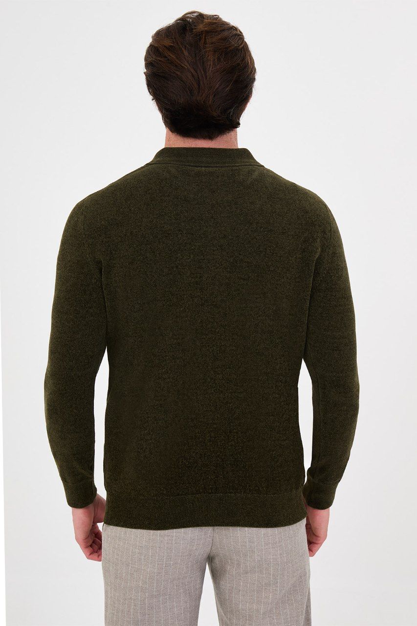 Back view of the men's olive textured quarter-zip polo sweater