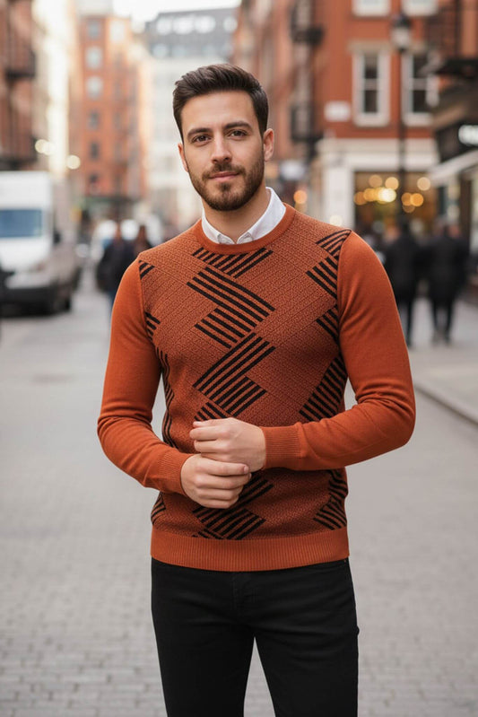 Men's Rust Geometric Pattern Crew Neck Sweater - SUITHARBOR