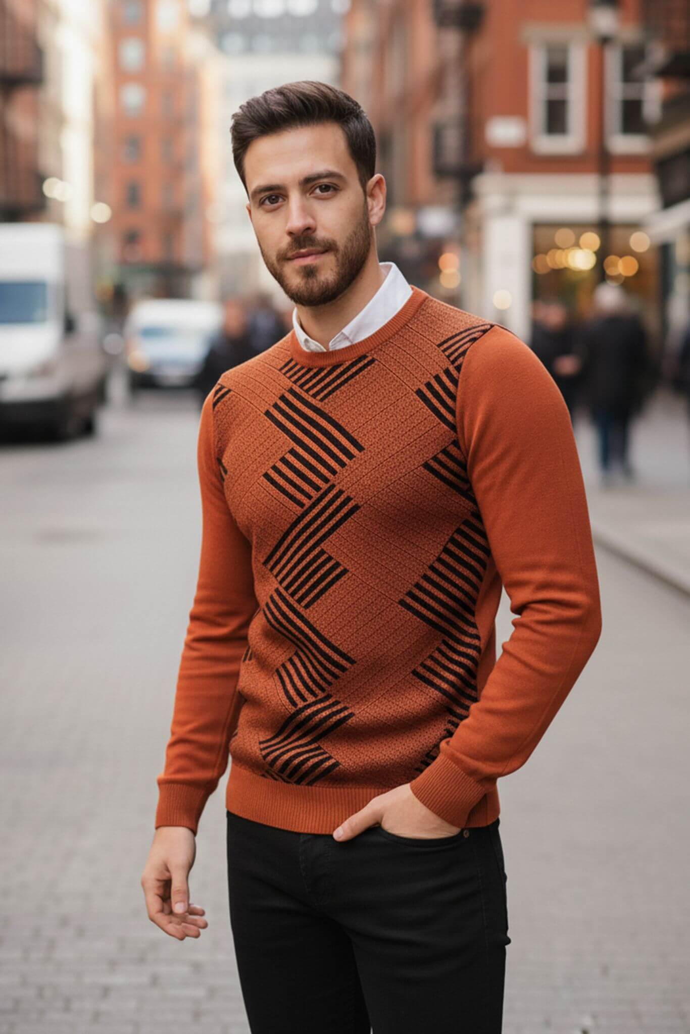 Men's Rust Geometric Pattern Crew Neck Sweater - SUITHARBOR