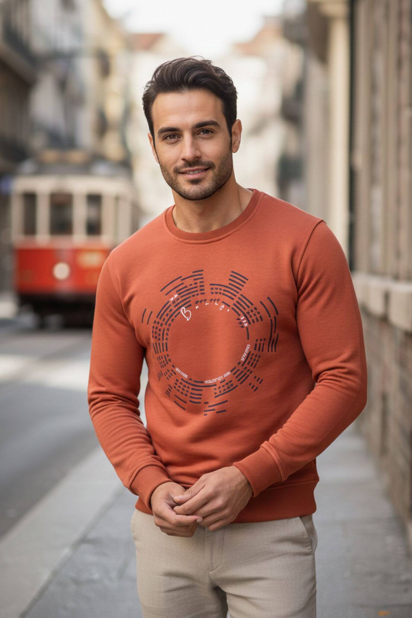 Men's Rust Patterned Cotton Crew Neck Sweatshirt - SUITHARBOR